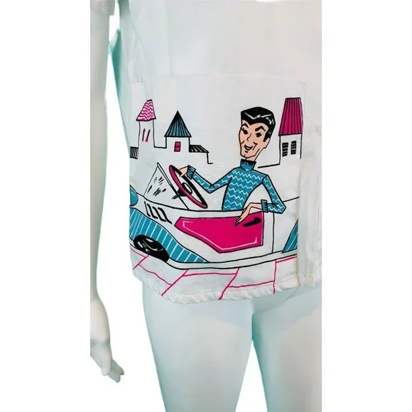 Vintage 60s Novelty Blouse Womens Small Printed Dream Pockets Girl Shirts - Picture 4 of 10